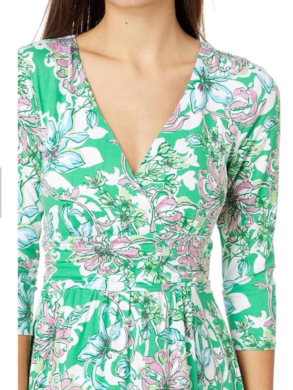 Green Floral Wrap-Style Dress with Pink & White Blooms